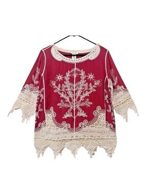 ULTRA PINK Lace Crochet Embroidered Blouse Boho Peasant Fringe Size M NWT *Read*